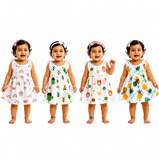 ORGANIC 100% COTTON Muslin Baby Frock Knot Set | Pack of 4 | 0-0 & 0-3 Months