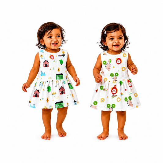 ORGANIC Cotton Muslin Baby Frock Button Dress | 0-3 m| Windmill & Rocket