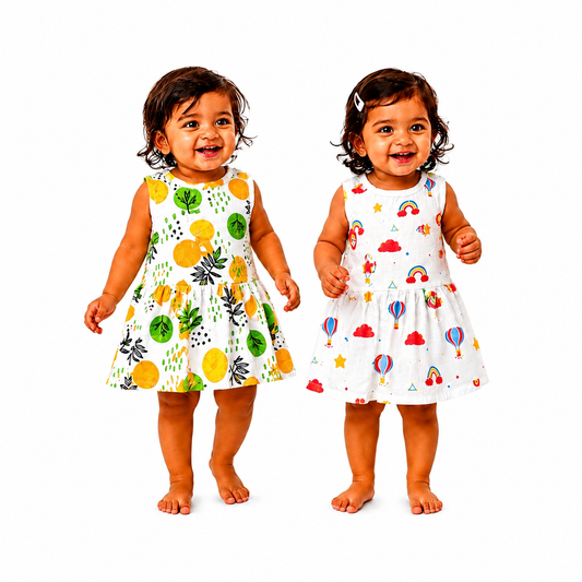 ORGANIC Cotton Muslin Baby Frock Button Dress | Pack of 2 |0-3 Months | Cloud & Leaf