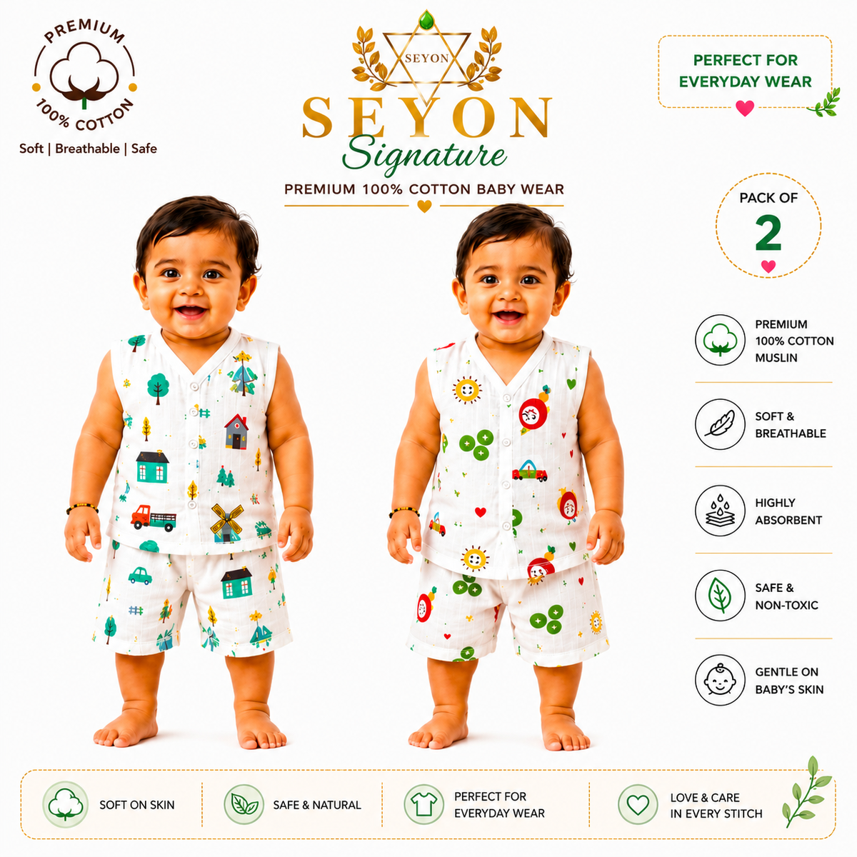 ORGANIC 100% COTTON Muslin Co-Ord Set for Baby Boys & Girls | Pack of 2 | 3-6 & 6-9 Months |Windmill & Rocket