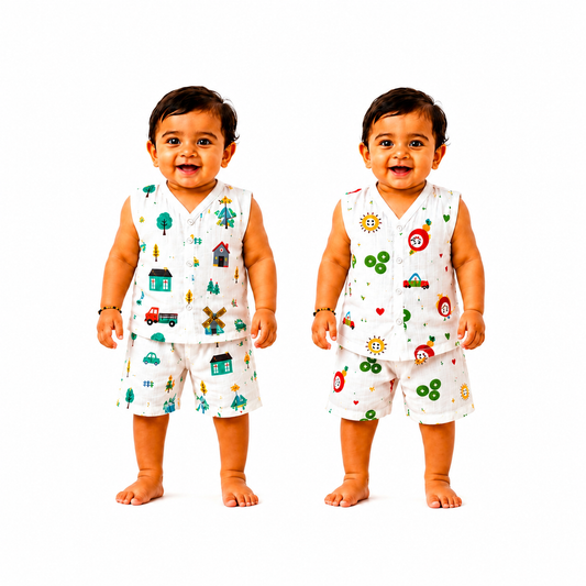 ORGANIC 100% COTTON Muslin Co-Ord Set for Baby Boys & Girls | Pack of 2 | 3-6 & 6-9 Months |Windmill & Rocket