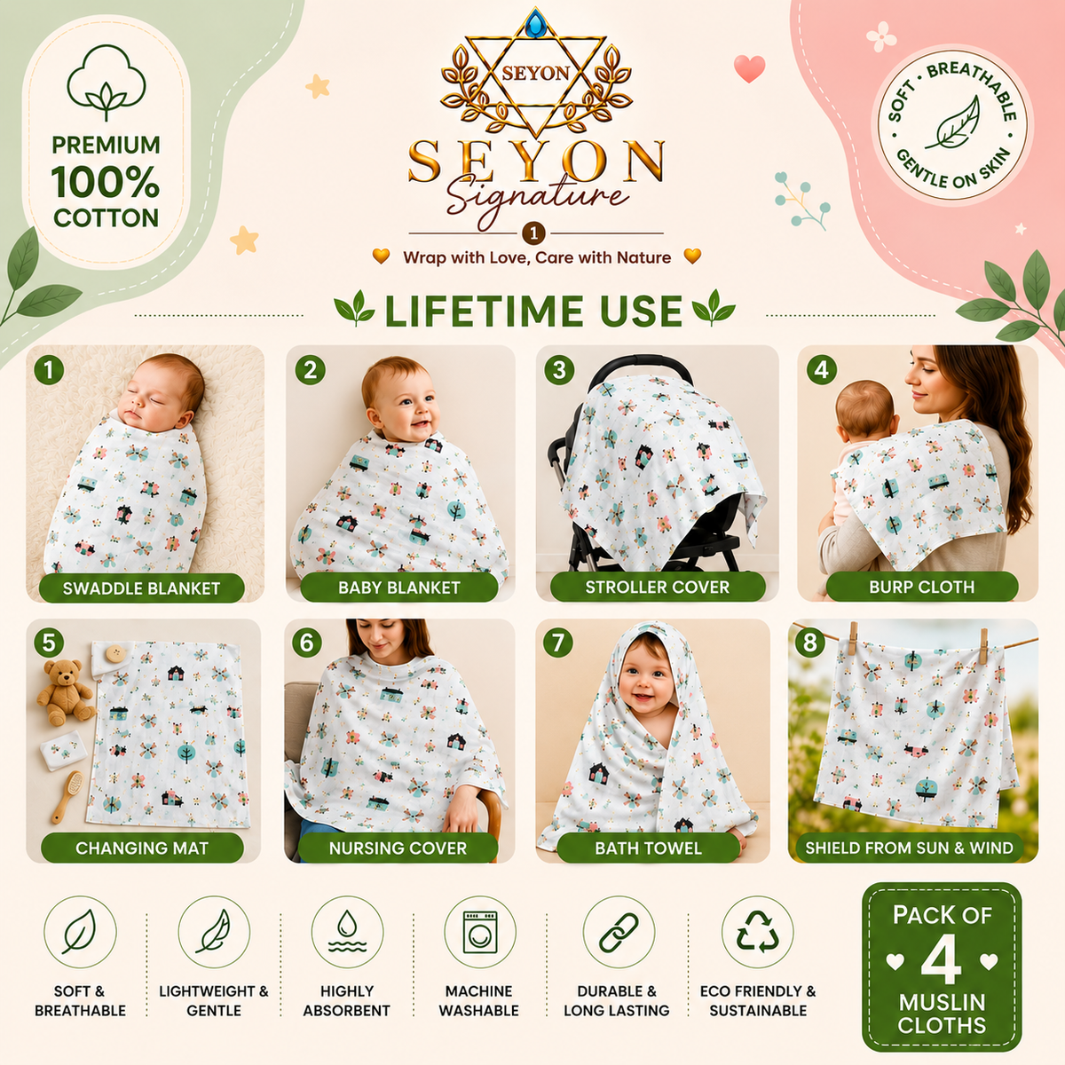 ORGANIC 100% COTTON Muslin Swaddle Blanket for New born Baby | Pack of 4 |