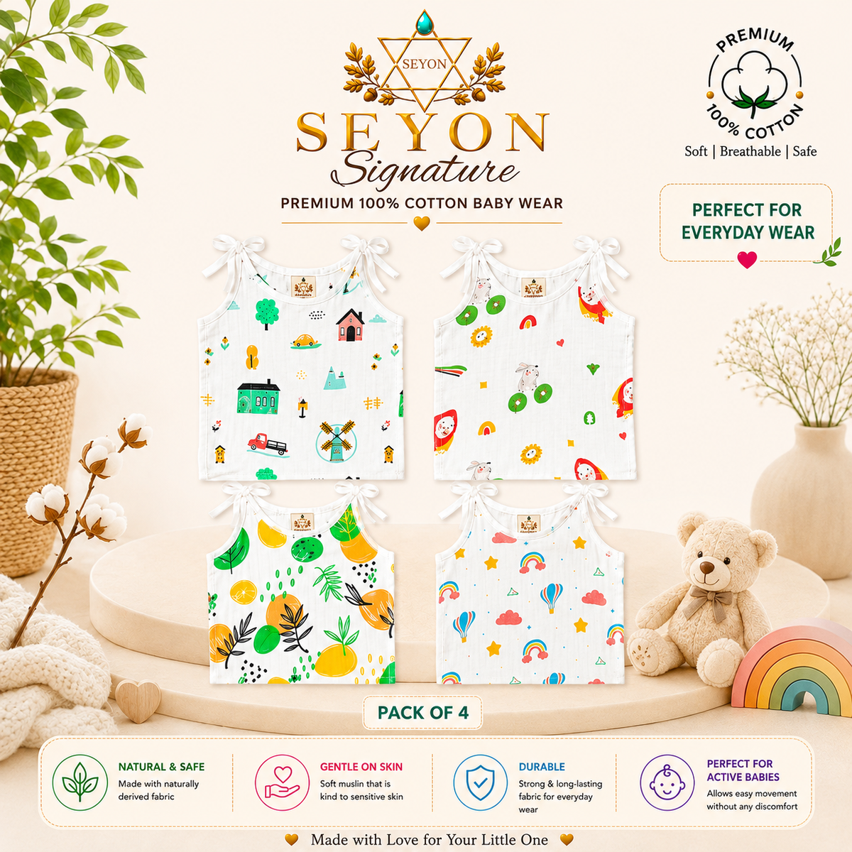 ORGANIC 100% COTTON Muslin Jabla Knot Set for New born Baby | Pack of 4 |0-0 & 0-3 Months