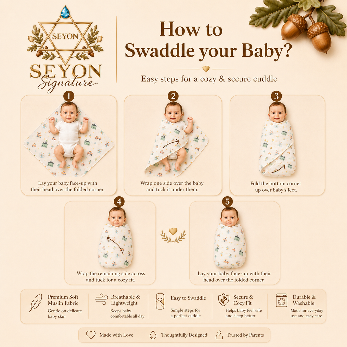 ORGANIC 100% COTTON Muslin Swaddle Blanket for New born Baby | Pack of 4 |