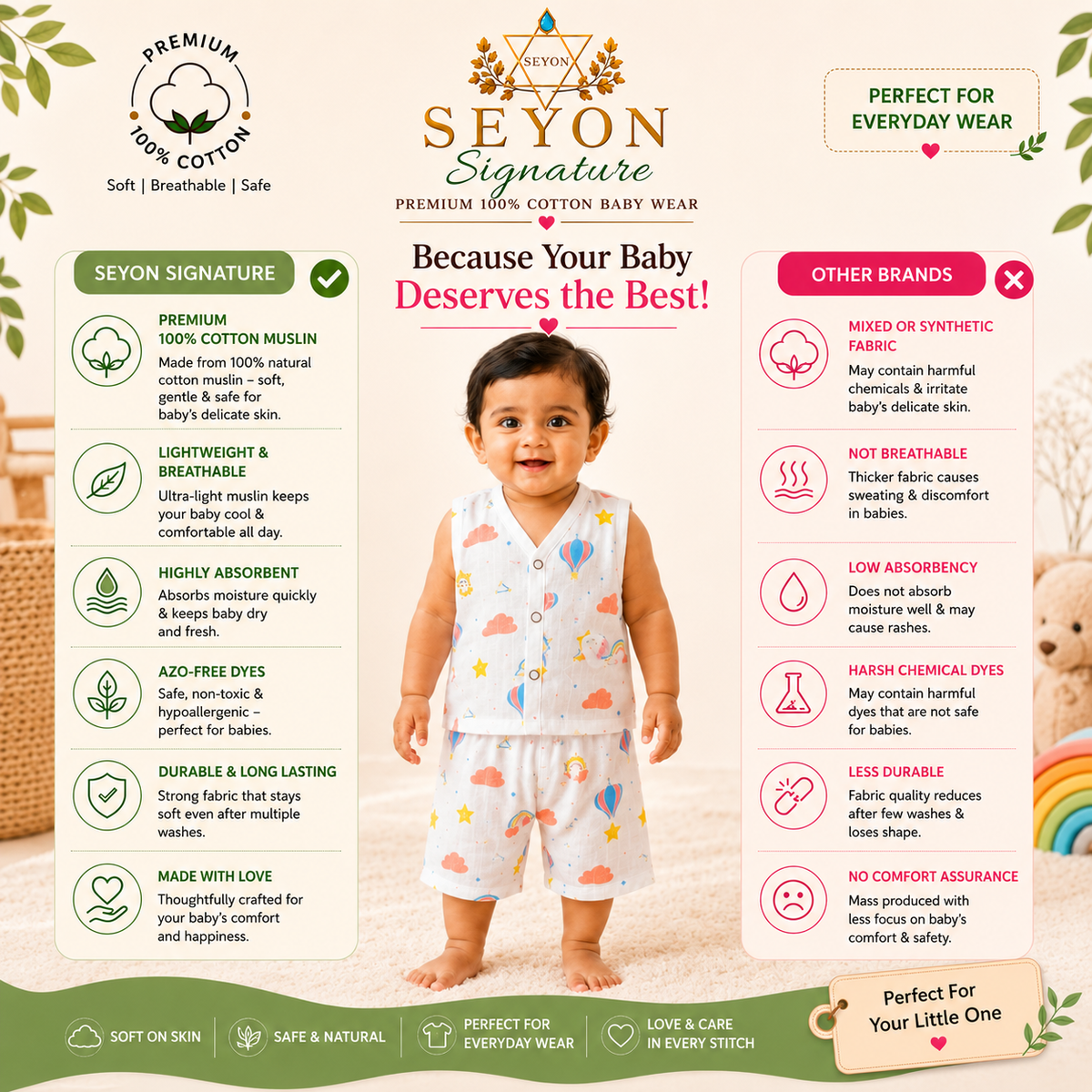 ORGANIC 100% COTTON Muslin Co-Ord Set for Baby Boys & Girls | Pack of 2 | 3-6 & 6-9 Months | Cloud & Leaf
