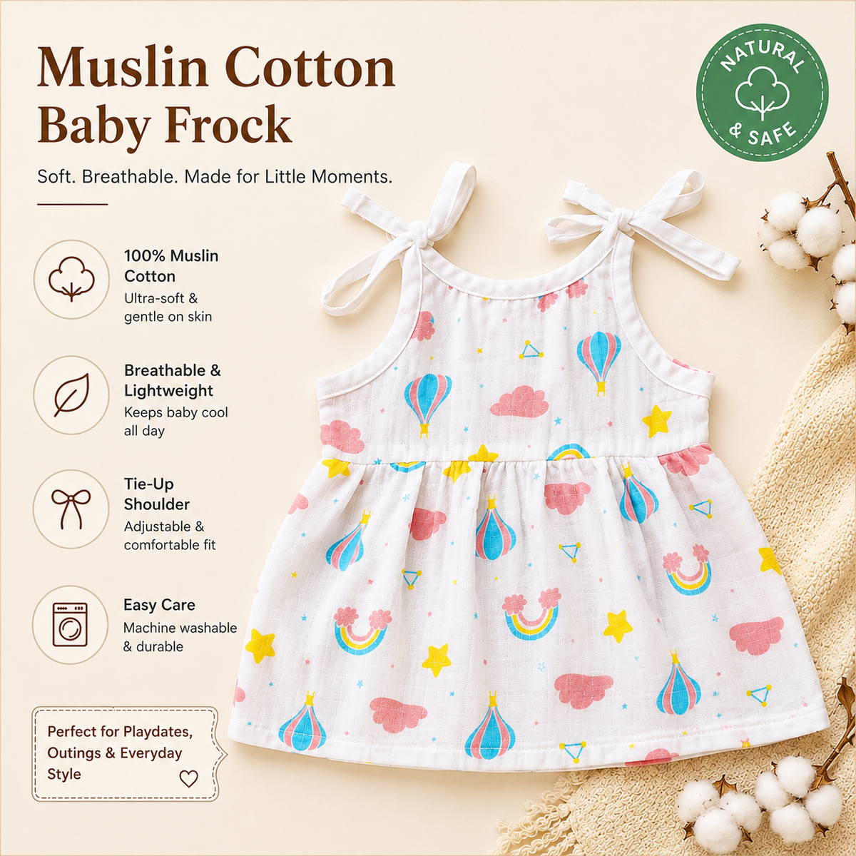 ORGANIC 100% COTTON Muslin Baby Frock Knot Set | Pack of 4 | 0-0 & 0-3 Months
