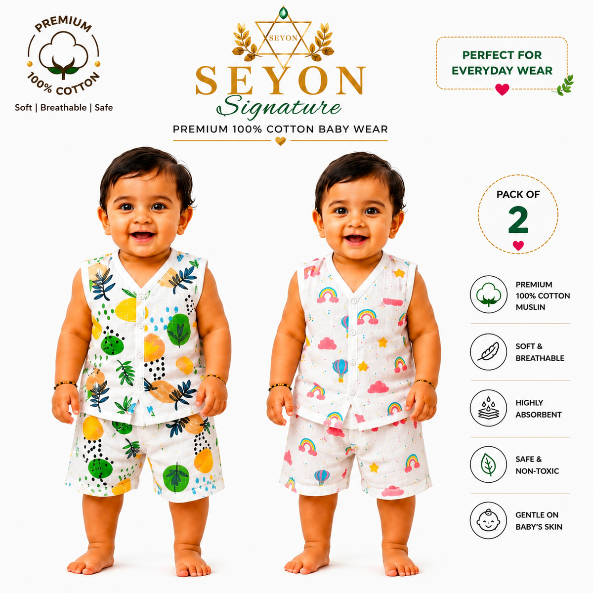 ORGANIC 100% COTTON Muslin Co-Ord Set for Baby Boys & Girls | Pack of 2 | 3-6 & 6-9 Months | Cloud & Leaf