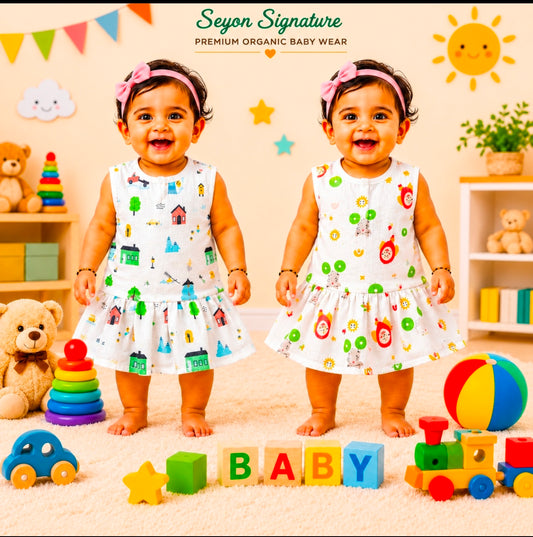 ORGANIC Cotton Muslin Baby Frock Button Dress  | 0-3 m| Windmill & Rocket