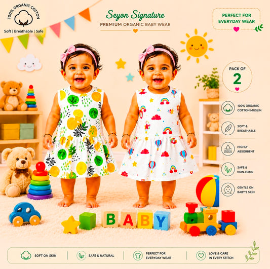 ORGANIC Cotton Muslin Baby Frock Button Dress | Pack of 2 |0-3  Months | Cloud & Leaf