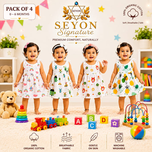 ORGANIC 100% COTTON Muslin Baby Frock Knot Set | Pack of 4 | 0-0 & 0-3 Months