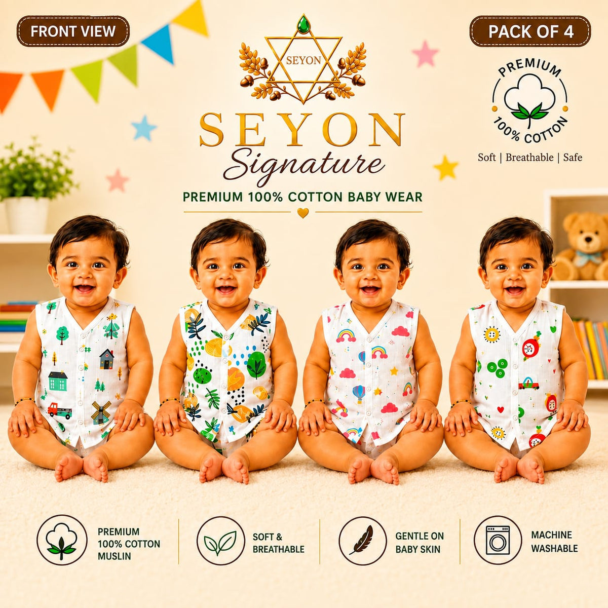 ORGANIC 100% COTTON Muslin Baby Jabla Button Combo Pack of 4 |0-3 & 3-6 Months |